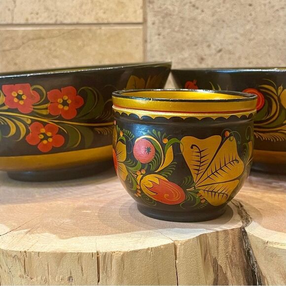 Russian Khokhloma Hand Painted Vintage Wooden Folk Art Bowl Set - Picture 15 of 16